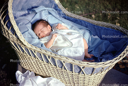Newborn, Baby, Bassinet, Sleeping, Resting, Wicker, 1960s