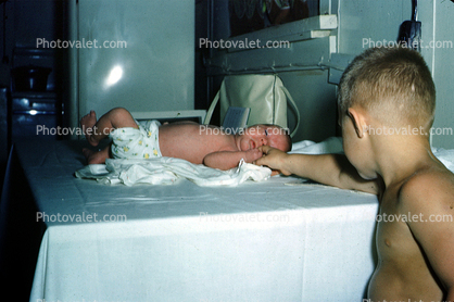 Newborn, Baby, Diaper Change, brother, 1950s
