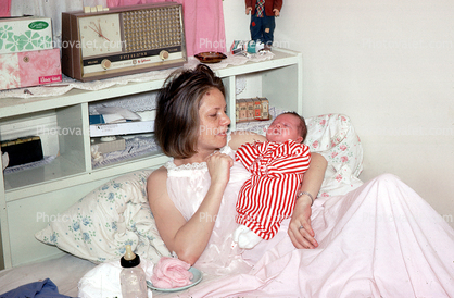 Mom, Baby, Bed, Bottle, Radio, Childbirth, 1960s