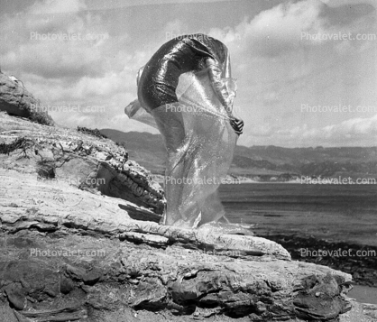 Woman, Shore, Wrap, Plastic, 1950s