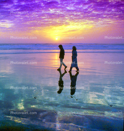 A Quiet Stroll on the Beach at Sunset, Reflections, Man, Woman