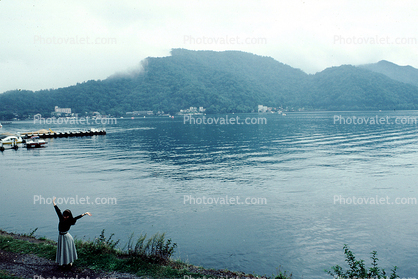 Lake, Mountains, skyline, Woman, Nikko, Japan