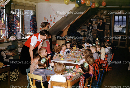 Birthday Party, upstairs attic, table, children, cake, sweets, party hats, 1950s