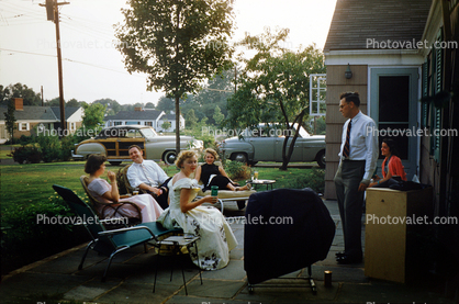 Cars, automobiles, outdoor party, man, women, Formal, 1954, 1950s