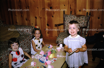 Little Girls' Birthday Party, wood paneling, presents, hats, cute, funny