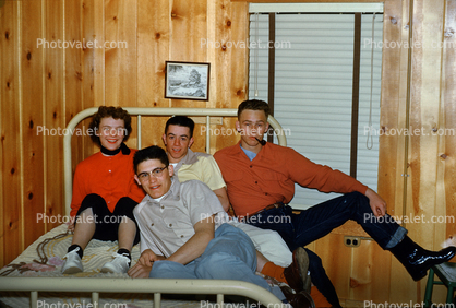 Slumber Party, men, women, jeans, wood paneling, pipe, 1950s