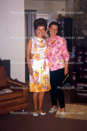 Women, Smiles, Beehive Hairdo, floral dress, shirt, 1960s