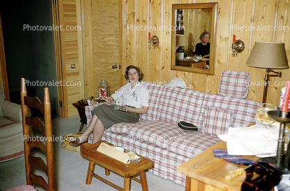 Woman, Wooden Walls, Mirror, Sofa, 1950s
