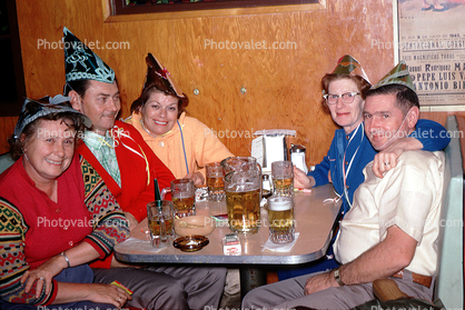 Pitcher of Beer, Alcohol, hats, smiles, birthday, 1950s