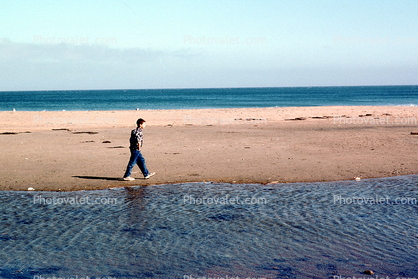 Boy walking on a Beach, Sand, Ocean, Water, Fog