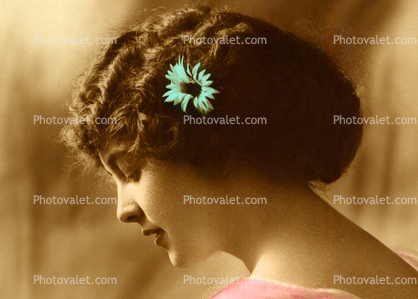 Woman Daisy Flowers in her hair, Contemplating, deep in thought, RPPC
