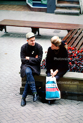 Man, Woman, resting, talking, sitting, bag