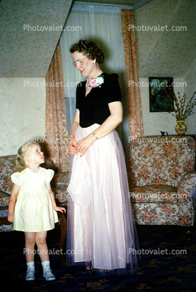 Daughter and Mother at a Wedding, party dress, 1940s
