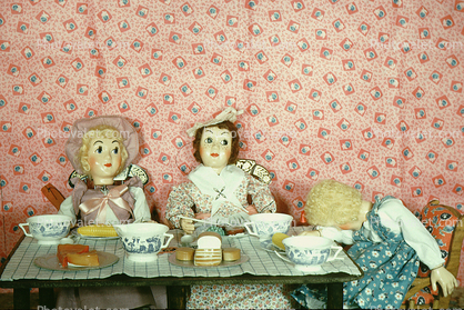 Heidi falls asleep at the table, Porridge, fairytale, diorama, 1950s