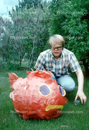 Paper mache goldfish, boy, pinada, 1960s