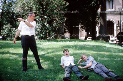 Boys, Lawn, Yawning, Father, Son, 1960s