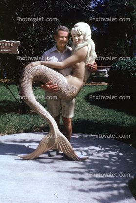 Retro Man with Blonde Mermaid, fishtail