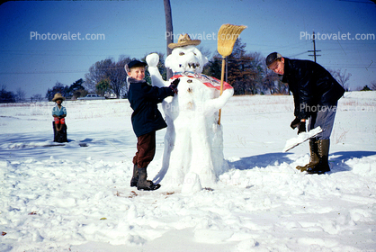 Boy, Father, Son, Broom, Shovel, Snow, Ken and Ron, 1950s