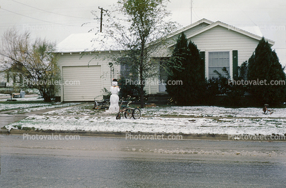Home, House, frontyard, garage, driveway, snow, ice, cold, 1950s