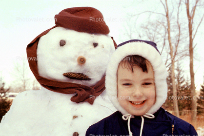 girl, snowman, jacket, hat, smiles, smiling, 1950s