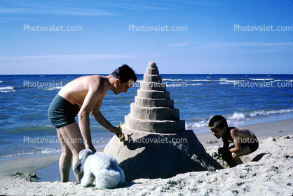 Beach, Father, Son, Cone Sand Castle, Spiral, Ocean, Water, Poodle, October 1965, 1960s