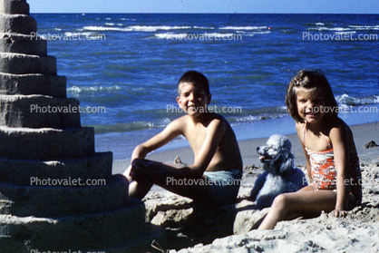 Sister, Brother, Boy, Girl, Sand, Beach, Ocean, Poodle, October 1965, 1960s