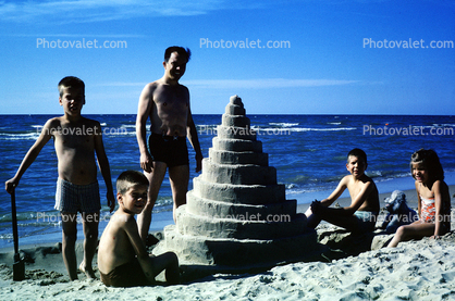 Cone Sand Castle, Sister, Brother, Boy, Girl, Sand, Beach, Ocean, Poodle, Man, October 1965, 1960s