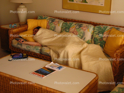 Woman, Sleeping, Couch, Sofa, Table, Pillows