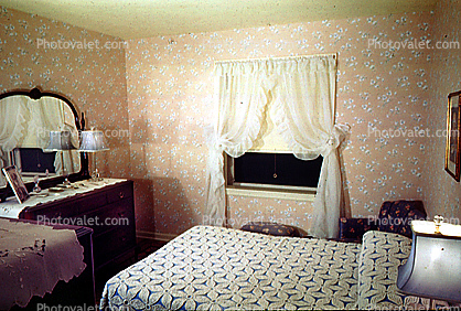 Bed, Curtains, Wallpaper, Wndow, Lamps, Pillows, Mirror, 1940s
