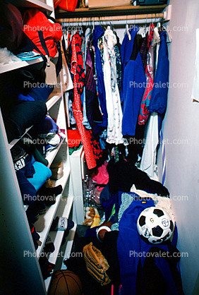 messy closet, Clothes, shelves, soccer ball