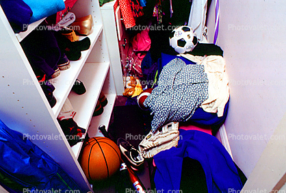 messy closet, basketball, Clothes, shelves, soccer ball