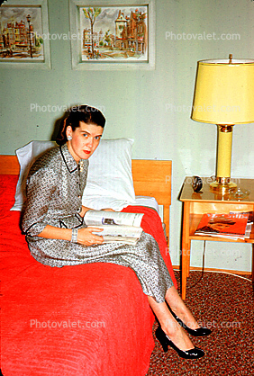 Lady on a Bed, High Heels, lamp, pillow, dress, 1940s