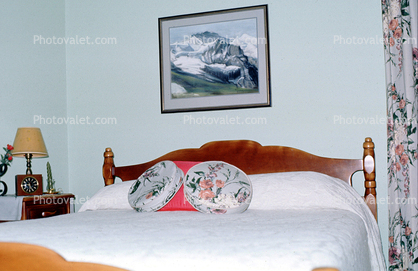 Bed, Pillows, Blanket, Lamp, Clock, Picture-Frame, Framed Print, 1970s