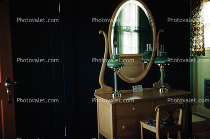 Vanity, mirror, table, chair, lamps, 1950s
