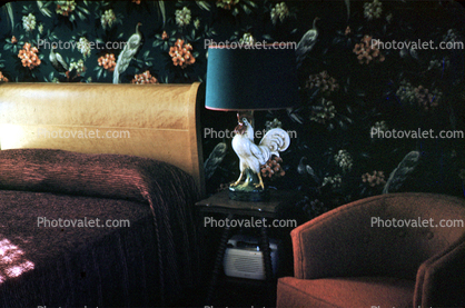 Bed, Rooster, Lamp, Pillow, Chair, dark wallpaper, 1950s