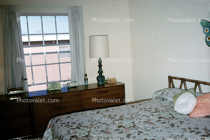 Bed, Pillow, Dresser, Window, Lamp, August 1962, 1960s
