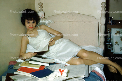 Woman, Slip, Lingerie, Reading books, 1950s