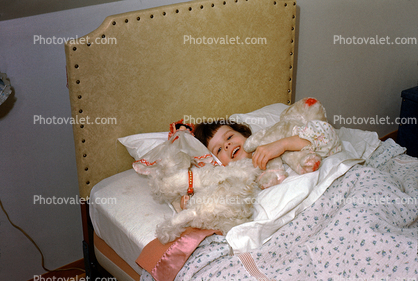 Smiling Girl, stuffed animals, teddy bear, doll, smiles, cute, 1950s