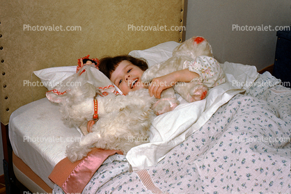 Smiling Girl, stuffed animals, teddy bear, doll, smiles, cute, 1950s