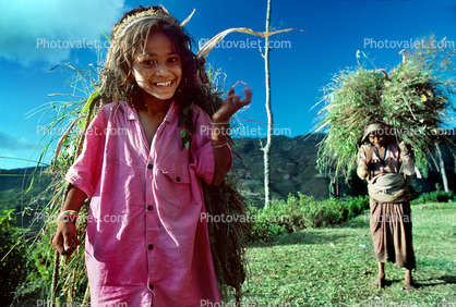 Smiling Girl carrying vegetation, woman, deforestation, desertification