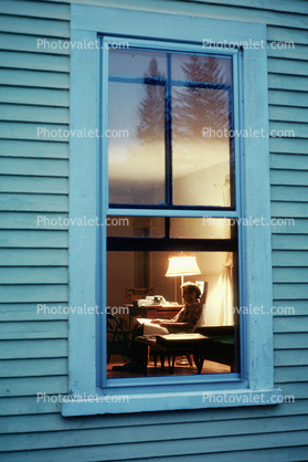 Window Frame, chair, man reading, Burklyn Hall Burke, Vermont, 1978, 1970s
