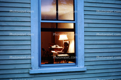 Window Frame, chair, man reading, Burklyn Hall, Burke, Vermont, 1978, 1970s