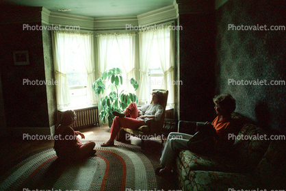 Window Frame, chair, people sitting, Burklyn Hall Burke, Vermont, 1978, 1970s