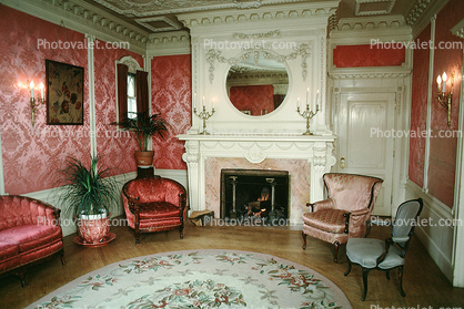 Fireplace, Mirror, chair, rug, lights, Burklyn Hall Burke, Vermont, 1978, 1970s