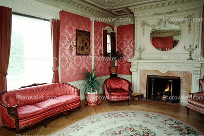 Fireplace, Mirror, chair, sofa, carpet, rug, lights, Burklyn Hall, Burke, Vermont, 1978, 1970s