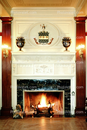 Family Crest, Fire in the Fireplace, ceiling, lights, Burklyn Hall, Burke, Vermont, 1978, 1970s