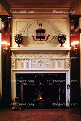 Family Crest, Fire in the Fireplace, ceiling, lights, Burklyn Hall Burke, Vermont, 1978, 1970s