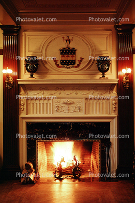 Family Crest, Fire in the Fireplace, Burklyn Hall, Burke, Vermont, 1978, 1970s