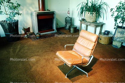 Leather Chair, fireplace, carpet, Furniture, potted plants, 1979, 1970s