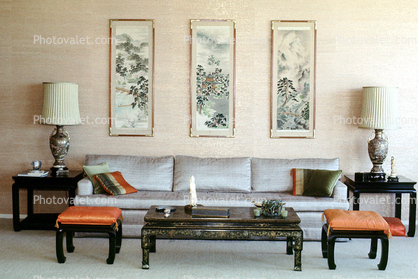 sofa, oriental motif, Furniture, lamps, artwork, coffee table, pillows, 1960s